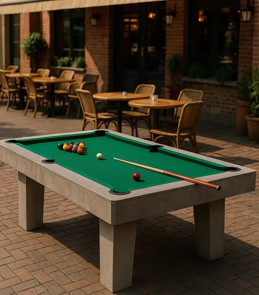 Zagraj z nami 7 Betonowy stół bilardowy Everfun przed gospodą – rozrywka w klimatycznym otoczeniu