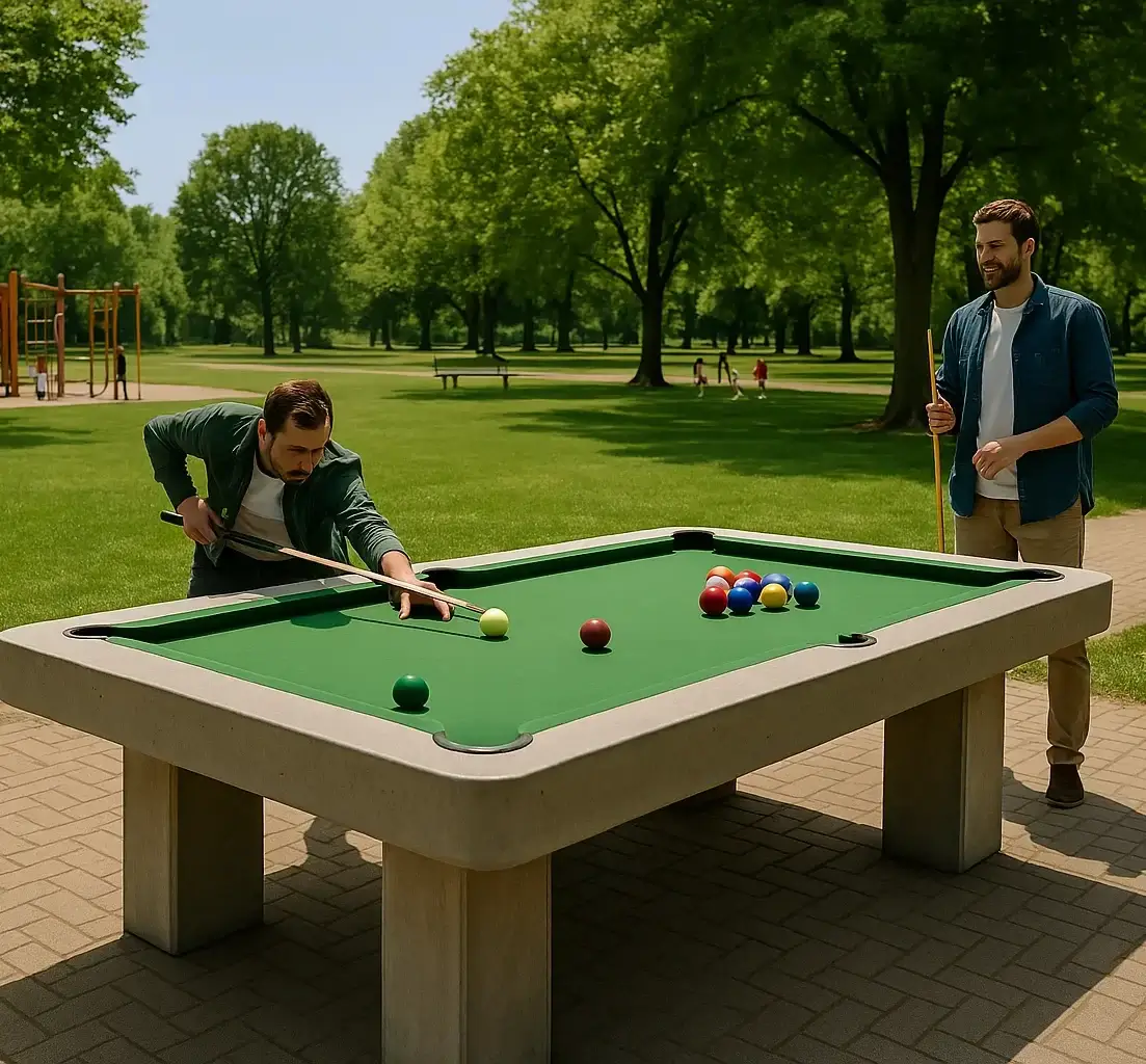 Zagraj z nami 4 alt="Bilard zewnętrzny betonowy ogrodowy w parku"